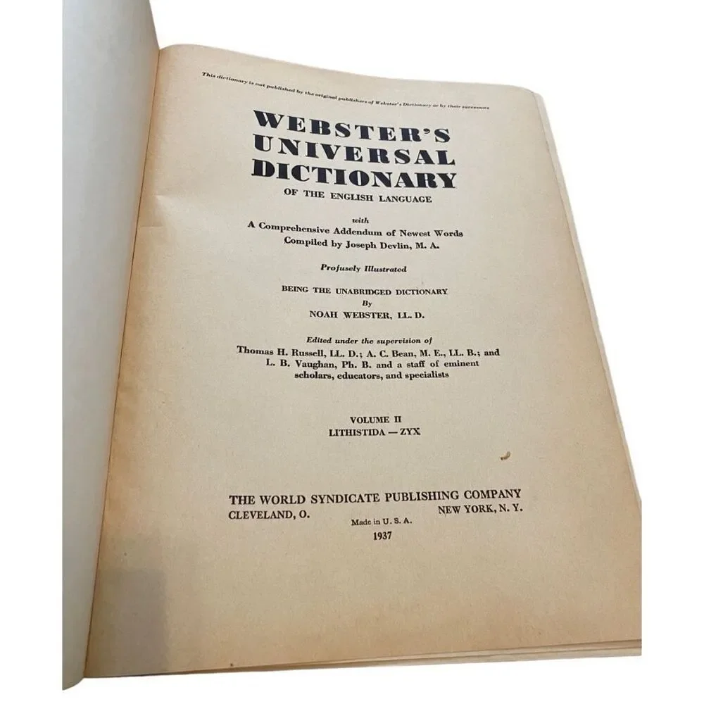 Websters Universal Unabridged Dictionary Vol 2 Hardcover Book 1937
